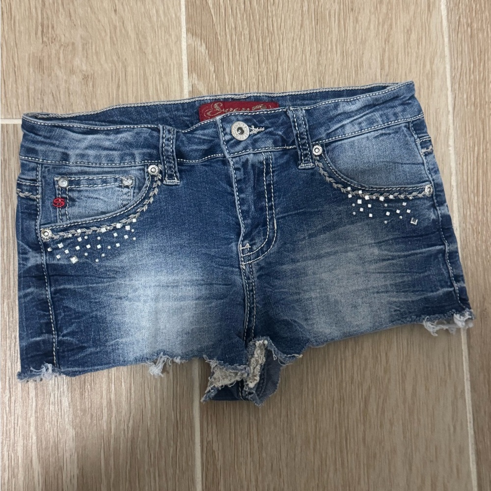 Seven7 Distressed Blue Jean Shorts with Rhinestone Accents